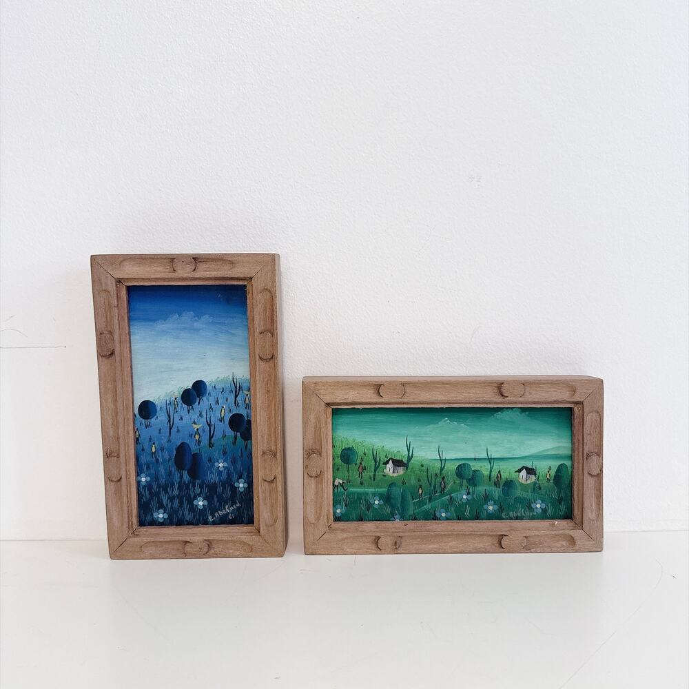 PAIR OF FRAMED MINI LANDSCAPE PAINTINGS BY ARTIST E. ABELARD - MID-CENTURY FOLK